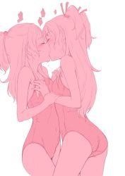 Rule 34 | 10s, 2girls, ass, breasts, commentary request, covered navel, closed eyes, heart, highres, holding another&#039;s wrist, houjou hibiki, interlocked fingers, kiss, long hair, minamino kanade, monochrome, multiple girls, one-piece swimsuit, pink theme, precure, sakura kotetsu, school swimsuit, small breasts, suite precure, sweat, swimsuit, trembling, two side up, yuri