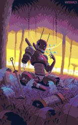 Rule 34 | animated, bug, butterfly, forest, grass, hand up, humanoid robot, insect, kirokaze, nature, no humans, original, pixel art, planet, plant, planted, planted sword, planted weapon, robot, sitting, sky, sword, weapon, yellow sky