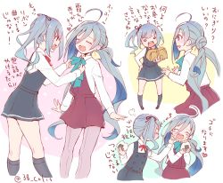 Rule 34 | 10s, 2girls, adjusting another&#039;s clothes, ahoge, belt, black socks, blue hair, bow, bowtie, closed eyes, colis, comic, commentary request, dress, eating, female focus, flat color, food, food on face, grey eyes, grey hair, hair between eyes, heart, kantai collection, kasumi (kancolle), kiyoshimo (kancolle), kneehighs, long hair, long sleeves, low twintails, multicolored hair, multiple girls, onigiri, open mouth, package, pantyhose, pinafore dress, purple legwear, shirt, side ponytail, sleeveless, sleeveless dress, socks, translation request, twintails, twitter username, very long hair, white background, white shirt