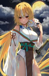 Rule 34 | 1girl, absurdly long hair, ahoge, ao ne, bare shoulders, blonde hair, breasts, closed mouth, clothing cutout, cloud, cloudy sky, cowboy shot, dark-skinned female, dark skin, hair between eyes, hair intakes, highres, holding, holding mask, hololive, japanese clothes, katana, large breasts, loincloth, long hair, looking at viewer, mask, moon, multicolored hair, night, night sky, obi, orange eyes, outdoors, panty straps, pointy ears, sash, shiranui flare, shoulder cutout, sky, solo, streaked hair, sword, tsurime, very long hair, virtual youtuber, weapon, white hair, wide sleeves