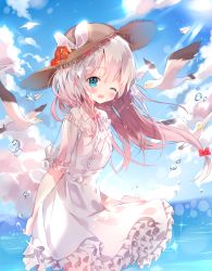 Rule 34 | 10s, 1girl, ;d, arm behind back, bad id, bad pixiv id, bird, blue eyes, blush, bow, braid, cloud, cloudy sky, commentary request, day, dohj00, dress, eromanga sensei, flower, frilled dress, frilled sleeves, frills, fringe trim, hat, hat bow, hat flower, highres, izumi sagiri, light rays, long hair, looking at viewer, ocean, one eye closed, open mouth, outdoors, paper airplane, seagull, see-through, see-through sleeves, side braid, silver hair, sky, smile, solo, sparkle, sun hat, sunbeam, sundress, sunlight, transparent sleeves, water drop, white dress