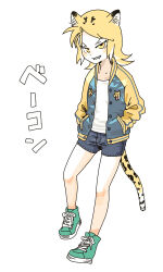 Rule 34 | 1girl, animal ear fluff, animal ears, blonde hair, blue jacket, blue shorts, collarbone, green footwear, grin, hands in pockets, hyon (hyon noyh), jacket, leopard ears, leopard girl, leopard tail, letterman jacket, looking at viewer, open clothes, open jacket, original, sharp teeth, shirt, shoes, short shorts, shorts, simple background, smile, solo, swept bangs, tail, teeth, translation request, white background, white shirt, yellow eyes