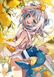 Rule 34 | 1girl, apron, artist request, ass, bare shoulders, blue eyes, blue hair, blush, breasts, fins, fish tail, flower, food, from behind, fruit, gawr gura, hieihirai, highres, hololive, hololive english, light rays, looking at viewer, looking back, multicolored hair, nail polish, open mouth, shark tail, sharp teeth, short shorts, shorts, shoulder blades, sideboob, small breasts, smile, solo, streaked hair, tail, teeth, tongue, v, virtual youtuber, white hair