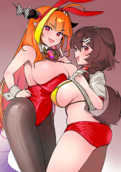 Rule 34 | 2girls, animal ears, asymmetrical docking, bare shoulders, bikini, bikini top only, blunt bangs, braid, breast press, breasts, bright pupils, brooch, brown eyes, brown hair, cleavage, cowboy shot, detached collar, dismassd, dog ears, dog girl, dog tail, dragon girl, fake animal ears, from side, gradient background, hair over shoulder, hand on own hip, highres, hololive, horn ornament, horn ribbon, horns, inugami korone, jewelry, kiryu coco, large breasts, leotard, long hair, looking at viewer, micro shorts, multicolored hair, multiple girls, open mouth, orange hair, pantyhose, playboy bunny, pointy ears, rabbit ears, red eyes, red leotard, red nails, ribbon, shorts, sideboob, smile, strapless, strapless leotard, streaked hair, swimsuit, tail, twin braids, very long hair, virtual youtuber, wrist cuffs