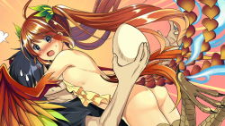 Rule 34 | 1boy, 1girl, artist request, ass, bare shoulders, bird legs, blue eyes, blush, bottomless, egg, face to breasts, feathered wings, feathers, fi (monster musume), flat chest, frilled shirt, frills, game cg, harpy, holding, holding egg, hug, long hair, monster girl, monster musume no iru nichijou, monster musume no iru nichijou online, multicolored wings, multiple tails, official art, open mouth, orange hair, rainbow order, shirt, strapless, sweatdrop, tail, talons, tube top, twintails, winged arms, wings
