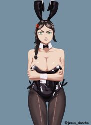 1girl angry animal_costume black_clover black_hair breasts green_eyes jesus_dancho large_breasts long_hair rabbit_costume rabbit_ears yami_ichika