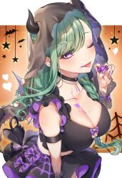 1girl ;p absurdres arm_strap bat_(animal) bead_necklace beads black_choker black_horns black_shirt black_skirt black_tail black_veil bow braid breasts candy choker cleavage collarbone crop_top demon_girl demon_horns demon_tail demon_wings eyeshadow fang food frilled_sleeves frills gradient_nails green_hair hair_ornament hair_over_shoulder hairclip halloween heart heart_o-ring highres horns horns_through_headwear jack-o&#039;-lantern jack-o&#039;-lantern_hair_ornament jewelry large_breasts long_hair looking_at_viewer makeup midriff mini_wings miniskirt mole mole_on_breast necklace nemu_o3o o-ring o-ring_choker one_eye_closed orange_background orange_nails piercing pink_eyeshadow purple_bow purple_eyes purple_nails purple_skirt purple_wings see-through_clothes shirt single_braid skirt solo spider_web_print swept_bangs tail tail_ornament tail_piercing tongue tongue_out two-tone_skirt veil very_long_hair virtual_youtuber vspo! wings x_hair_ornament yakumo_beni