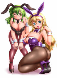 Rule 34 | 2girls, :d, animal costume, animal ears, aqua eyes, ass, bare shoulders, bent over, blonde hair, blue eyes, bow, bowtie, breasts, brown legwear, bursting breasts, cleavage, detached collar, earrings, fake animal ears, female focus, glasses, green eyes, green hair, hair ornament, hands on own knees, high heels, highres, huge breasts, jewelry, kneeling, large breasts, leaning forward, legs, leotard, long hair, moriichi, multiple girls, one eye closed, open mouth, original, pantyhose, playboy bunny, plump, rabbit ears, rabbit tail, shoes, simple background, smile, standing, tail, thick thighs, thigh gap, thighs, wink, wrist cuffs, yellow eyes