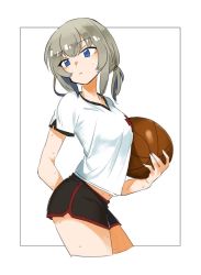Rule 34 | 1girl, aaru (kerogero1582), alternate hairstyle, arm behind back, ball, basketball, basketball (object), black shorts, blue eyes, closed mouth, commentary, contrapposto, cropped legs, dolphin shorts, emblem, from side, girls und panzer, grey background, gym shirt, gym shorts, gym uniform, hair tie, hair up, head tilt, highres, holding, holding ball, itsumi erika, light frown, looking at viewer, medium hair, navel, nokogiriotoko, outline, outside border, print shirt, reference work, shirt, short ponytail, short shorts, short sleeves, shorts, silver hair, single vertical stripe, solo, standing, sweat, v-neck, white outline, white shirt