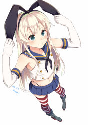 Rule 34 | 10s, 1girl, anchor hair ornament, black panties, blonde hair, blue eyes, crop top, dated, elbow gloves, from above, full body, gloves, hair ornament, hairband, highleg, highleg panties, kantai collection, long hair, microskirt, midriff, navel, panties, sailor collar, sasahara wakaba, school uniform, serafuku, shimakaze (kancolle), simple background, skirt, smile, solo, striped clothes, striped thighhighs, thighhighs, twitter username, underwear, white background, white gloves