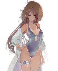 Rule 34 | 1girl, bare shoulders, bikini, blue bikini, blue eyes, blush, breasts, brown hair, cleavage, closed mouth, collarbone, expressionless, fingernails, hand on own hip, hat, highres, large breasts, long hair, looking at viewer, off shoulder, onacia, original, pointy ears, simple background, solo, standing, straw hat, swimsuit, tan, tanline, thigh strap, white background