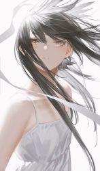 Rule 34 | 1girl, bare shoulders, black hair, blush, brown eyes, collarbone, dress, eyelashes, grey background, highres, light blush, long eyelashes, long hair, mogumo, parted lips, simple background, solo, tokoshie bullet, white dress