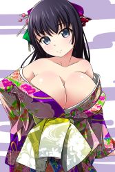 Rule 34 | 1girl, black eyes, black hair, breasts, cleavage, hair ornament, hair ribbon, hair stick, highres, huge breasts, japanese clothes, kimono, matsunaga kouyou, off shoulder, original, ribbon, simple background, smile, solo, striped, striped background, upper body, yuujo