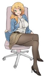 Rule 34 | 1girl, black pantyhose, blonde hair, breasts, cardigan, chair, crossed legs, ellen baker, green eyes, hair ornament, hair over shoulder, hair scrunchie, high heels, jorin, large breasts, low ponytail, new horizon, office chair, open mouth, pantyhose, scrunchie, simple background, sitting, skirt, solo, swivel chair, white background