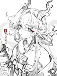 Rule 34 | 1girl, arknights, bare shoulders, closed mouth, colddddddd2, corrupted twitter file, dot nose, dragon girl, dragon horns, earrings, from side, greyscale, hair between eyes, hair intakes, highres, holding, holding sword, holding weapon, horns, jacket, jewelry, long hair, monochrome, necklace, off shoulder, pointy ears, shirt, shu (arknights), sidelocks, smile, solo, spot color, strapless, strapless shirt, sword, tassel, tassel earrings, upper body, weapon