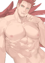 Rule 34 | 1boy, abs, bara, beard, boku no hero academia, deavor lover, facial hair, feathered wings, hawks (boku no hero academia), highres, large pectorals, male focus, muscular, mustache, pectorals, red hair, red wings, scar, topless male, solo, spiked hair, endeavor (boku no hero academia), wings