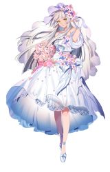 Rule 34 | 1girl, absurdres, artist request, bad source, black survival, bouquet, closed mouth, dress, flower, hand up, highres, long hair, looking at viewer, minami rio, official alternate costume, official art, see-through, simple background, solo, transparent background, veil, wedding dress, white hair, yellow eyes