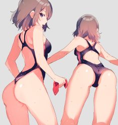 Rule 34 | ass, bare arms, bare back, bare legs, bare shoulders, blue eyes, breasts, competition swimsuit, grey background, grey hair, highres, looking at viewer, looking back, love live!, love live! sunshine!!, medium breasts, multiple views, one-piece swimsuit, open mouth, outstretched arms, shirasu uni, short hair, sidelocks, spread arms, spread legs, unworn swim cap, swimsuit, watanabe you, wet, wet clothes, wet hair, wet swimsuit