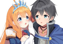 Rule 34 | 1boy, 1girl, :o, black hair, blue cape, blue eyes, blue sleeves, blush, breasts, cape, cleavage, commentary request, elbow gloves, gloves, hair between eyes, highres, long hair, looking at another, open mouth, orange hair, pecorine (princess connect!), princess connect!, puffy short sleeves, puffy sleeves, red ribbon, ribbon, short hair, short sleeves, simple background, syurimp, tiara, upper body, white background, white gloves, yuuki (princess connect!)