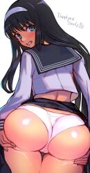 Rule 34 | 1girl, annoyed, ass, ass grab, ass support, black hair, clenched teeth, clothes lift, embarrassed, from behind, grabbing own ass, highres, huge ass, panties, r123, school uniform, shiny skin, skirt, skirt lift, tearing up, teeth, tohno akiha, tsukihime, underwear, wedgie