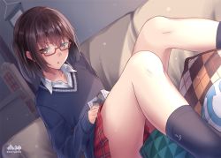 Rule 34 | 1girl, :o, alternate costume, artist name, black socks, blue sweater, blush, book, brown eyes, brown hair, collared shirt, couch, eyes visible through hair, glasses, head tilt, holding, holding book, indoors, kantai collection, light particles, looking at viewer, morigami (morigami no yashiro), open mouth, pillow, plaid, plaid skirt, pleated skirt, red-framed eyewear, school uniform, semi-rimless eyewear, sendai (kancolle), shirt, short hair, sitting, skirt, socks, solo, sweater, thighs, two side up, white shirt
