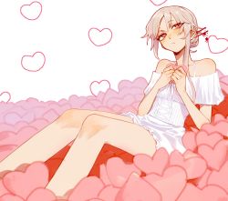 Rule 34 | 1girl, bad id, bad twitter id, bare shoulders, closed mouth, commentary, dress, feet out of frame, from side, grey hair, hair bun, hair ornament, hairpin, hands up, heart, highres, original, pink eyes, pink hair, short dress, single hair bun, solo, symbol-only commentary, tsu (lovesick1964), two (tsu (lovesick1964)), white background, white dress