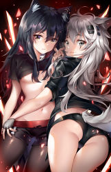Rule 34 | 2girls, animal ear fluff, animal ears, arknights, artist name, ass, black hair, black jacket, black nails, black shorts, breasts, brown eyes, brown legwear, closed mouth, commentary, crop top, ear piercing, fingerless gloves, gloves, grey eyes, grey gloves, grey hair, groin, hair between eyes, hair ornament, hairclip, highres, holding hands, interlocked fingers, jacket, lappland (arknights), pantyhose under shorts, long hair, looking at viewer, looking back, multiple girls, nail polish, navel, pantyhose, piercing, scar, scar across eye, scar on face, short shorts, short sleeves, shorts, small breasts, smile, squchan, tail, texas (arknights), thighs, underboob, very long hair, watermark, web address, white nails