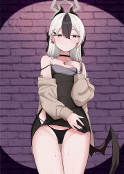 Rule 34 | 1girl, absurdres, black choker, black dress, black hair, black horns, black panties, black wings, blue archive, blush, breasts, choker, closed mouth, coat, collarbone, cowboy shot, demon horns, demon wings, dress, ear piercing, earrings, gluteal fold, grey coat, hair between eyes, highres, horns, jewelry, kayoko (blue archive), kayoko (dress) (blue archive), korean commentary, long hair, long sleeves, mixed-language commentary, multicolored hair, official alternate costume, open clothes, open coat, panties, piercing, red eyes, saho 4545, single wing, small breasts, solo, spoken blush, underwear, white hair, wings