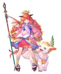 Rule 34 | 1girl, apron, careena (visions of mana), creature, crown, dragon girl, dragon horns, dragon tail, dragon wings, fangs, full body, gradient hair, haccan, highres, holding, holding polearm, holding weapon, horns, long hair, looking at viewer, multicolored hair, official art, orange eyes, orange hair, platform footwear, polearm, ramcoh (visions of mana), red hair, sandals, second-party source, seiken densetsu, single wing, skirt, slit pupils, smile, tail, transparent background, visions of mana, wavy hair, weapon, wings