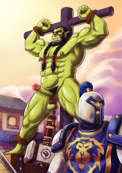 Rule 34 | 2boys, armor, bara, colored skin, erection, green skin, helmet, highres, humiliation, knight, male focus, multiple boys, nipples, orc, outdoors, penis, piercing, public indecency, restrained, rope, tagme, testicles, warcraft, world of warcraft, zelo-lee
