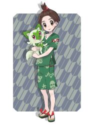 Rule 34 | 1boy, blush, border, brown eyes, brown hair, child, closed mouth, collarbone, commentary request, creatures (company), eyelashes, feet, florian (pokemon), game freak, green jacket, green shorts, highres, holding, holding pokemon, jacket, knees, looking at viewer, male focus, nintendo, pokemon, pokemon (creature), pokemon sv, sana (37pisana), sandals, short hair, short sleeves, shorts, smile, sprigatito, standing, toenails, toes, tongue, tongue out, topknot