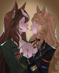 Rule 34 | 2girls, absurdres, aiguillette, animal ears, black jacket, blonde hair, blue eyes, brown hair, cum, ear ornament, facial, gold city (umamusume), green jacket, hair between eyes, hasegawamorito, highres, holding hands, horse ears, horse girl, jacket, long hair, long sleeves, looking at viewer, meal, medal, multicolored hair, multiple girls, purple eyes, shirt, streaked hair, symboli rudolf (umamusume), tongue, tongue out, umamusume, white hair