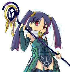 Rule 34 | 1girl, adapted costume, alternate hairstyle, bad id, bad pixiv id, blue hair, carrie fernandez, castlevania (series), castlevania: legacy of darkness, castlevania judgment, hair ornament, lowres, red eyes, simple background, smile, solo, staff, stupa13a, thighhighs, twintails, white background