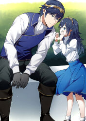 Rule 34 | 1boy, 1girl, aged down, alternate costume, ameno (a meno0), blue eyes, blue hair, boots, bush, chrom (fire emblem), father and daughter, fire emblem, fire emblem awakening, gloves, leaning to the side, listening, long hair, long sleeves, lucina (fire emblem), nintendo, outdoors, pants, shirt, short hair, sitting, skirt, smile, symbol-shaped pupils, tiara