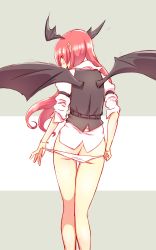 Rule 34 | 1girl, ass, bat wings, belt, black vest, blush, butt crack, from behind, green background, head wings, highres, koakuma, long hair, looking back, no legwear, non (z-art), panties, panty pull, red eyes, red hair, shirt, sleeves rolled up, solo, striped, striped background, touhou, underwear, undressing, vest, white panties, white shirt, wings