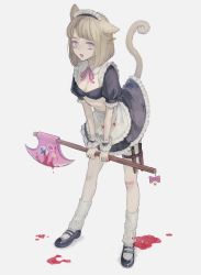 Rule 34 | 1girl, absurdres, animal ears, apron, axe, bad id, bad twitter id, bandaid, bandaid on knee, bandaid on leg, black bra, black footwear, blood, blood on clothes, blood splatter, bloody weapon, blunt bangs, bob cut, bra, breasts, bright pupils, brown hair, cat ears, cat girl, cat tail, cleavage, commentary, dress, dripping, ear piercing, earrings, fang, frilled apron, frilled dress, frilled sleeves, frills, from side, full body, highres, holding, holding axe, jewelry, knife, kotobuki nashiko, leaning forward, leg warmers, looking at viewer, maid, maid apron, maid headdress, mary janes, midriff, mole, mole on breast, navel, neck ribbon, open mouth, original, piercing, puffy short sleeves, puffy sleeves, purple eyes, ribbon, sheath, sheathed, shoes, short hair, short sleeves, simple background, single earring, skin fang, socks, solo, standing, sticker, striped clothes, striped socks, tail, tail raised, thigh strap, underwear, weapon, white apron, white background, white pupils, white socks, wrist cuffs
