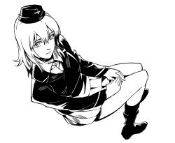 Rule 34 | 1girl, beret, boots, character request, closed mouth, collared shirt, from above, from side, girls und panzer, greyscale, hat, invisible chair, jacket, looking at viewer, medium hair, military, military uniform, monochrome, pleated skirt, ruukii drift, shirt, sitting, skirt, solo, uniform, wing collar