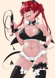 Rule 34 | 1girl, cowboy shot, fake horns, hand on own hip, heterochromia, highres, holding, holding whip, hololive, horns, houshou marine, navel, open mouth, red eyes, red hair, solo, twintails, virtual youtuber, whip, yellow eyes