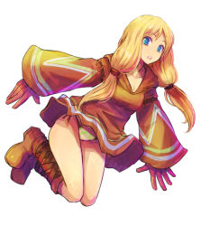 Rule 34 | 1girl, bare legs, blonde hair, blue eyes, boots, female focus, final fantasy, final fantasy tactics, full body, geomancer, geomancer (fft), gloves, jumping, kara (color), long hair, panties, pantyshot, robe, side-tie panties, simple background, solo, striped clothes, striped panties, twintails, underwear, upskirt