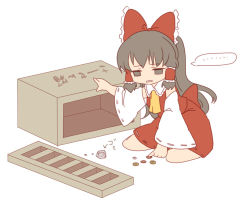 Rule 34 | 1girl, box, chaba (hortensia), donation box, female focus, flat color, hakurei reimu, japanese clothes, lowres, miko, poverty, simple background, solo, touhou, white background