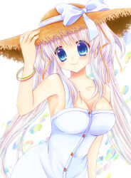 Rule 34 | 1girl, arm at side, bare shoulders, blue eyes, blush, bow, bracelet, breasts, buttons, cleavage, closed mouth, collarbone, dress, fingernails, grey hair, hair ribbon, hand on headwear, hand up, hat, hat bow, highres, jewelry, long hair, mabinogi, medium breasts, nao (mabinogi), official alternate costume, orange hat, ribbon, shararan, sidelocks, smile, solo, straw hat, twintails, very long hair, white bow, white dress, yellow ribbon