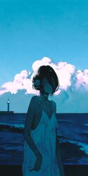 Rule 34 | 1girl, bare arms, bare shoulders, beach, black hair, blue sky, blue theme, blush, breasts, chainsaw man, choker, closed mouth, cloud, cloudy sky, collarbone, dress, flower, grenade pin, hair between eyes, hair bun, hair flower, hair ornament, highres, horizon, lighthouse, long bangs, looking at viewer, morning, no bra, outdoors, reinene, reze (chainsaw man), shore, single hair bun, sky, sleeveless, sleeveless dress, small breasts, solo, sundress, water, white choker, white dress, white flower