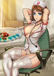 Rule 34 | 1girl, arms up, bed, between breasts, blue eyes, breasts, brown hair, buttons, chair, duel disk, garter straps, hat, hospital, indoors, large breasts, looking at viewer, mazaki anzu, nurse, nurse cap, office chair, panties, parted lips, redjet, short hair, short sleeves, sitting, smile, solo, stethoscope, swivel chair, thighhighs, underwear, watermark, web address, white hat, white thighhighs, yu-gi-oh!, yu-gi-oh! duel monsters