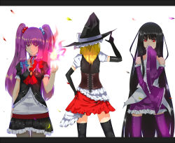 Rule 34 | 3girls, alice-san, alternate costume, back, blonde hair, contemporary, detached sleeves, elbow gloves, female focus, gloves, hat, houraisan kaguya, kirisame marisa, letterboxed, long hair, multiple girls, odd one out, patchouli knowledge, purple eyes, purple hair, thighhighs, touhou, twintails, very long hair, witch, witch hat