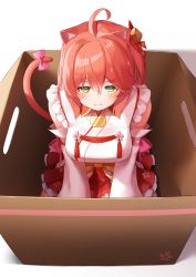 Rule 34 | 1girl, absurdres, ahoge, animal ears, arm support, blush, bow, box, breasts, cardboard box, cat ears, cat tail, cherry blossoms, commentary request, detached sleeves, green eyes, highres, hololive, in box, in container, japanese clothes, kimono, large breasts, light smile, looking at viewer, nyan (reinyan 007), red hair, red skirt, red tassel, sakura miko, sakura miko (1st costume), seiza, sitting, skirt, solo, tail, tail bow, tail ornament, virtual youtuber