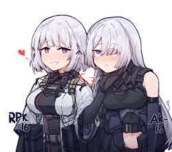Rule 34 | 2girls, :d, ak-15 (girls&#039; frontline), aningay, black gloves, black ribbon, black shirt, blouse, blush, braid, breasts, character name, closed mouth, commentary, elbow gloves, girls&#039; frontline, gloves, hair over one eye, hair ribbon, hand on another&#039;s chin, heart, jacket, large breasts, long hair, multiple girls, navel, open mouth, purple eyes, ribbon, rpk-16 (girls&#039; frontline), scratching chin, shirt, short hair, short sleeves, silver hair, simple background, sleeveless, sleeveless shirt, smile, stroking another&#039;s chin, very long hair, white background, white jacket, wide sleeves