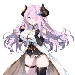 Rule 34 | 10s, 1girl, asymmetrical gloves, bad id, bad twitter id, bare shoulders, black gloves, black thighhighs, blue eyes, blush, braid, breasts, draph, elbow gloves, fingerless gloves, gloves, granblue fantasy, hair ornament, hair over one eye, horns, large breasts, long hair, mismatched gloves, narmaya (granblue fantasy), open mouth, pointy ears, purple hair, side braid, simple background, single elbow glove, single fingerless glove, single thighhigh, sleeveless, sleeveless turtleneck, solo, thigh strap, thighhighs, turtleneck, white background, yuuhi homare