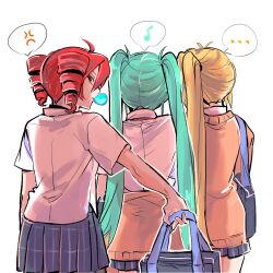 ... 3girls akita_neru anger_vein bag blonde_hair blowing_bubbles blue_hair blue_skirt borrowed_design brown_cardigan cardigan chewing_gum collared_shirt commentary eighth_note from_behind hatsune_miku huan1034097 kasane_teto long_hair looking_at_viewer looking_back multiple_girls musical_note red_hair school_bag shirt skirt speech_bubble spoken_anger_vein spoken_ellipsis spoken_musical_note twintails utau vocaloid white_shirt