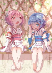 Rule 34 | 10s, 2girls, aged down, arms at sides, barefoot, beatrice (re:zero), blue eyes, blue hair, child, dappled sunlight, detached sleeves, emilia (re:zero), feet, flower, foot dangle, graffiti, hair flower, hair ornament, hand on own forehead, highres, japanese clothes, kimono, kotoba (1074421015), looking at another, multiple girls, natsuki subaru, obi, one eye closed, open mouth, pink hair, plant, ram (re:zero), re:zero kara hajimeru isekai seikatsu, red eyes, rem (re:zero), roswaal l. mathers, sash, short hair, siblings, sisters, sleeves past wrists, soles, sunlight, tears, toes, twins, vines, wide sleeves, x hair ornament