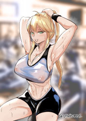 Rule 34 | 1girl, absurdres, armband, armpits, arms up, artoria pendragon (fate), artoria pendragon (lancer) (fate), blonde hair, blurry, blurry background, blush, breasts, covered erect nipples, exercise bike, fate/grand order, fate (series), green eyes, gym, hair tie, hair tie in mouth, highres, large breasts, looking at viewer, mouth hold, ponytail, sakino yumeko, shorts, sidelocks, signature, sitting, sports bra, sportswear, stomach, sweat, thighs, toned, tying hair, wet